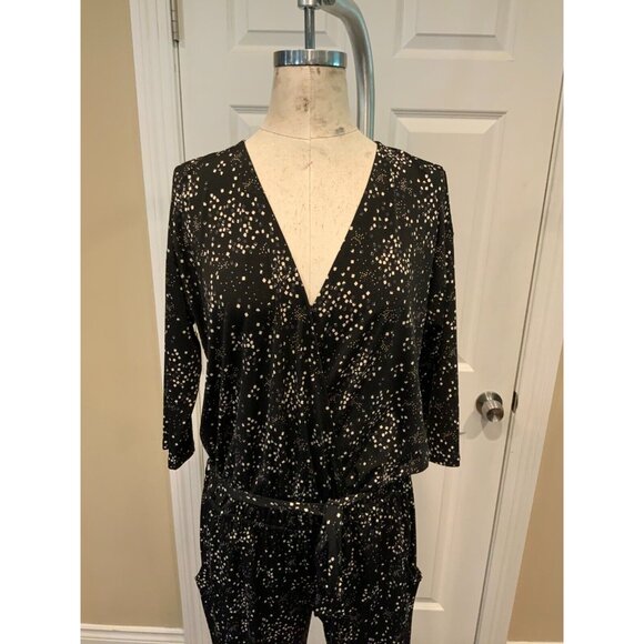 Allison Joy Black & White Speckled 3/4 Sleeve V-Neck Jumpsuit, Size Small - Picture 2 of 9